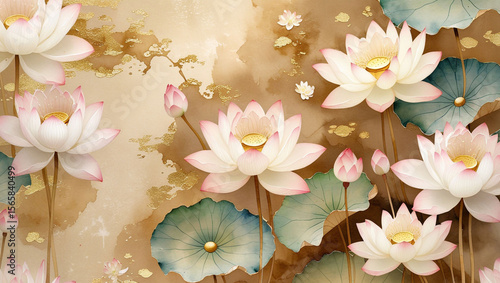 Lotus flower painting floral art water lily blossom bloom zen nature background watercolor botanical design