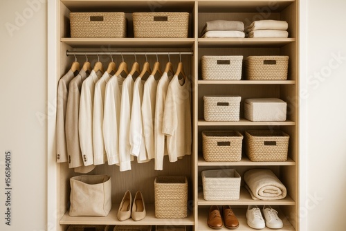 Perfectly organized walk-in closet with custom storage solutions wicker baskets and efficient space management for home organization inspiration © Jelena