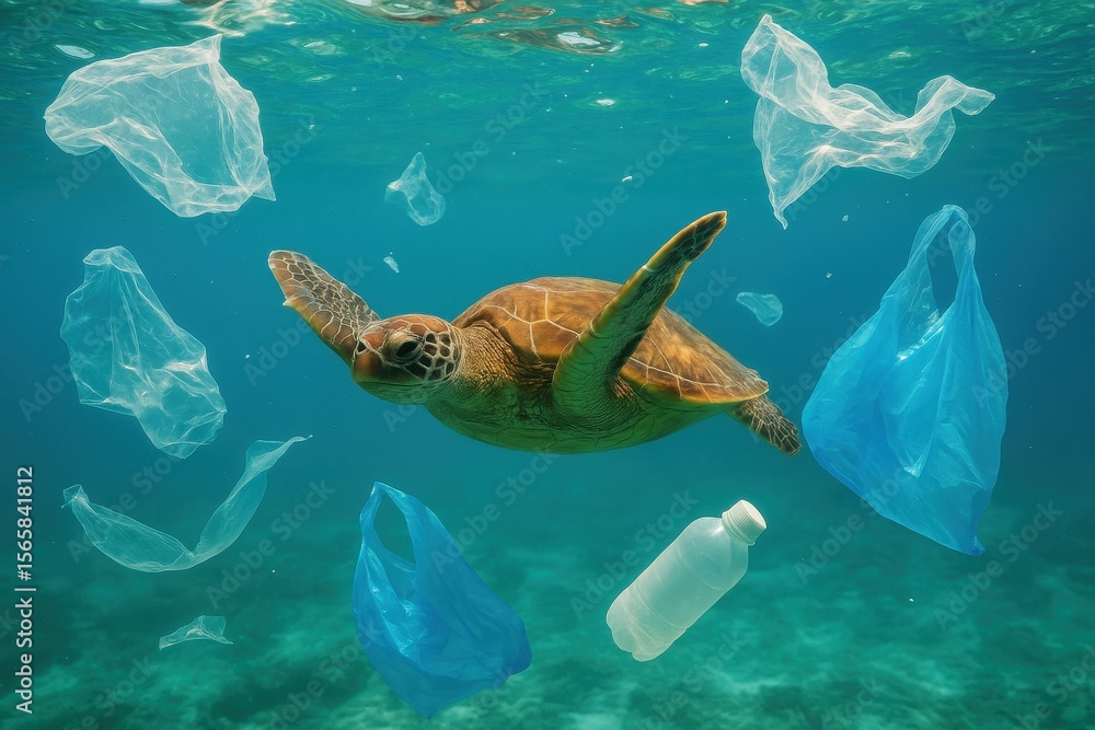 Fototapeta premium Sea turtle swimming through ocean debris highlighting marine conservation message