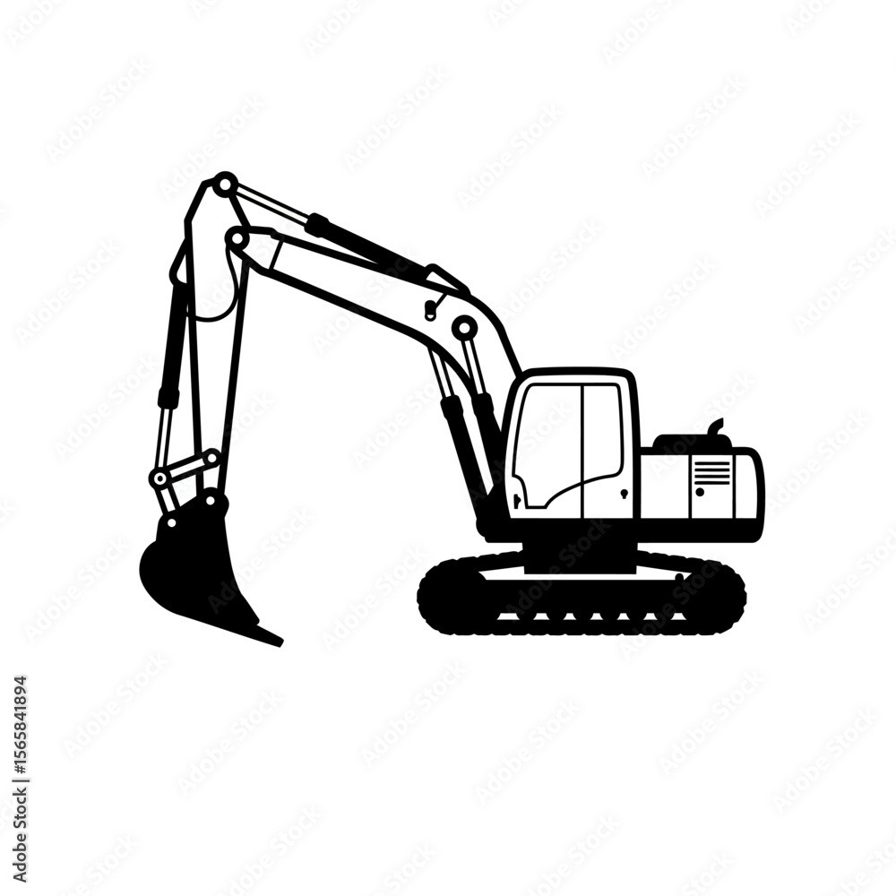 Naklejka premium A black and white illustration of an excavator with a raised arm and a bucket.