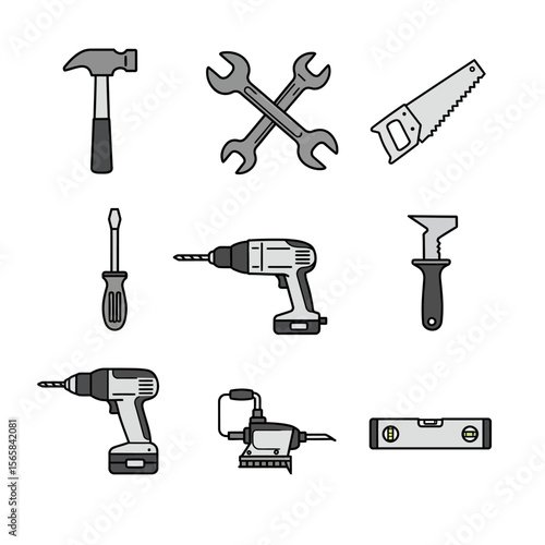 Illustration of various tools including a hammer, wrenches, saw, screwdrivers, drills, soldering iron, and level.