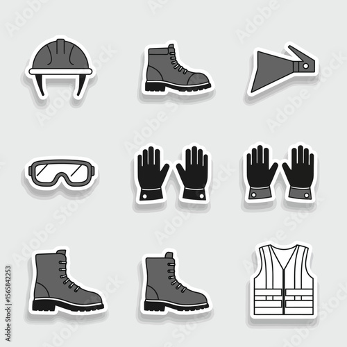 A collection of safety gear icons, including a hard hat, boots, gloves, goggles, a face shield, and a safety vest.