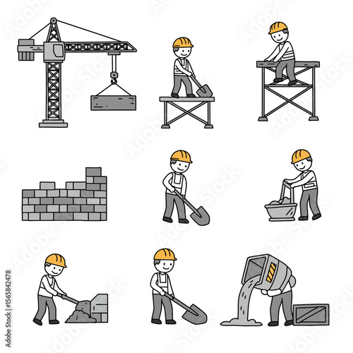 Construction workers building a structure, using various tools and machinery.