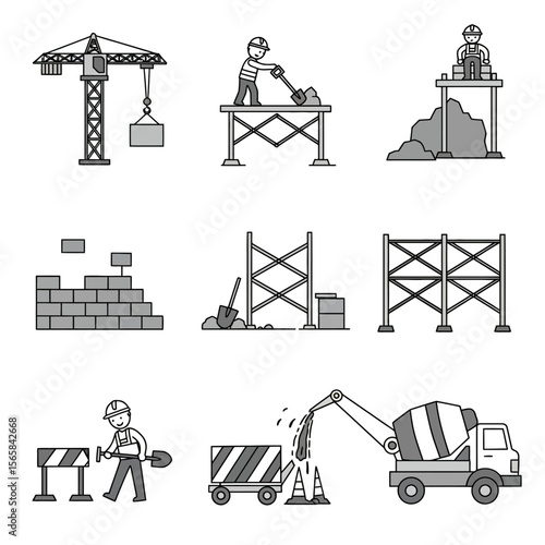 Illustration depicting various stages and elements of a construction site, including workers, equipment, and materials.