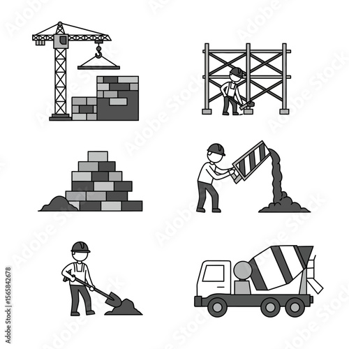Construction workers and equipment engaged in building a structure, showcasing various stages of the process.