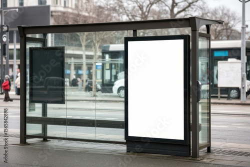 bus shelter at busstop blank white lightbox empty billboard bus shelter ad glass and, with empty blank space for text copy space or mockup design, high detail, 8k
