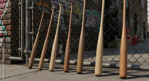 Row of wooden baseball bats against fence