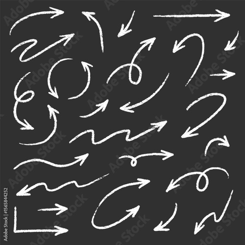 Arrow drawn hand vector line icon set. Hand drawn brush chalk stroke arrow curve, thin pencil scribble shape with vintage charcoal crayon texture. Doodle up down arrow symbol. Vector illustration