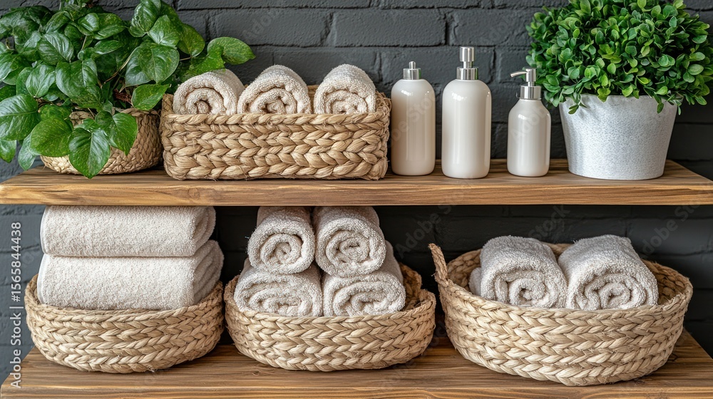 Spa shelf with towels and baskets Spa shelf with towels and baskets