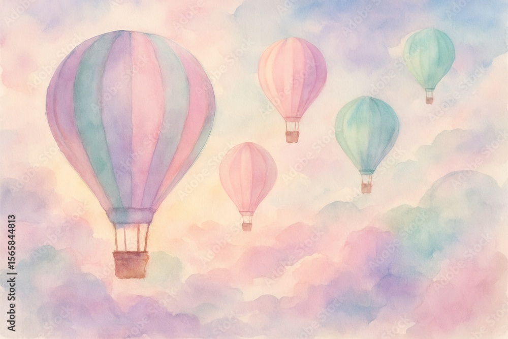 Obraz premium Dreamy watercolor sky with floating pastel hot air balloons and fluffy clouds in soft morning light