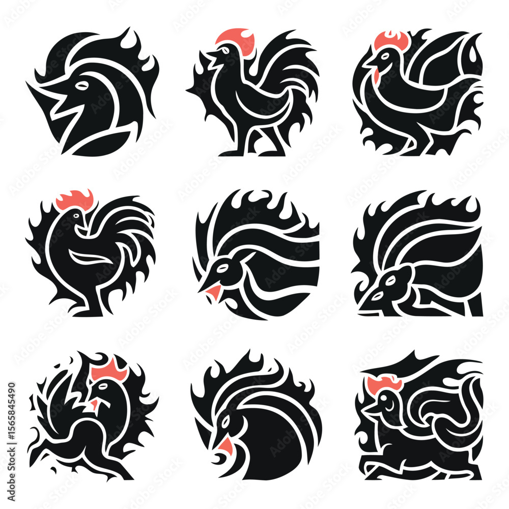 Obraz premium Collection of stylized black roosters with red accents in various poses