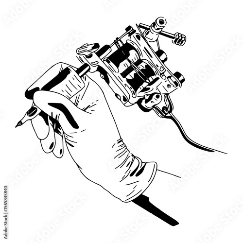 professional tattoo machine and artist hand drawing