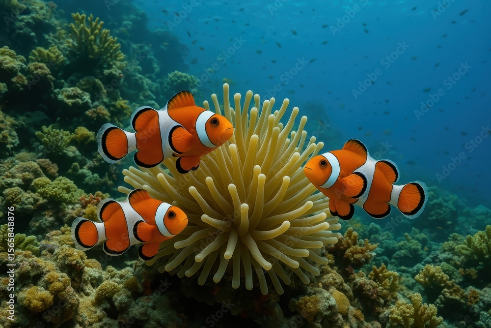 Fototapeta premium Stunning clownfish family nestled in vibrant orange anemone tentacles showcasing perfect marine symbiosis and tropical reef ecosystem