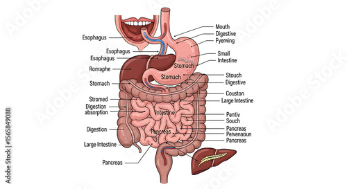 Wallpaper Mural Anatomical illustration of the human digestive system, showing organs like the stomach, intestines, liver, and pancreas. Torontodigital.ca