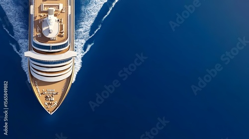 Cruise ship sailing on blue ocean water aerial view top down perspective.
