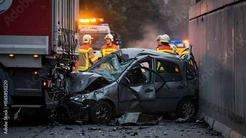 Car accident scene with emergency services and firefighters attending a wrecked vehicle and truck footage.