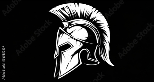 A Spartan helmet, iconic symbol of ancient Greece, rendered in stark white against a black background.