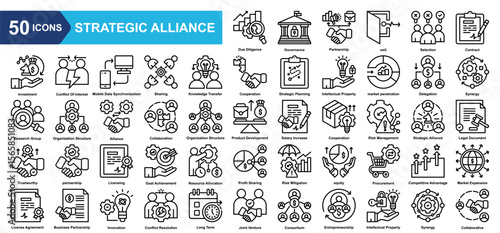 Strategic Alliance icon collection set.Due Diligence,Governance,Partnership,Selection,Contract,Investment,Conflict Of Interest.Simple line vector.