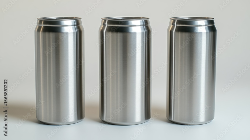 Three metallic beverage cans in a row Three metallic beverage cans in a row
