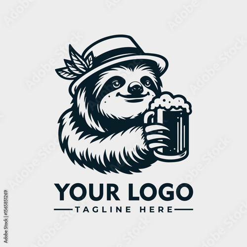 A jovial sloth, wearing a hat, enjoys a frothy beer mug.  This is a logo design.