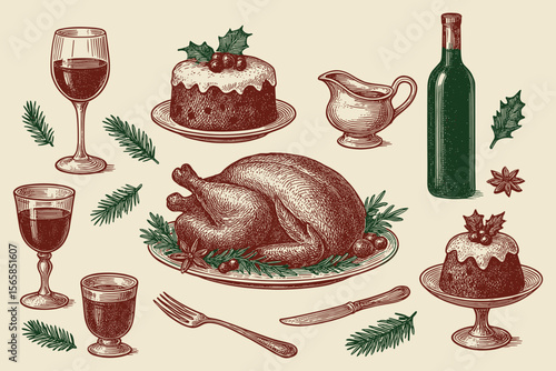 Classic Christmas feast with turkey wine and pudding evokes a warm and inviting holiday spirit