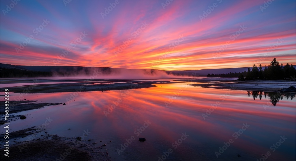 Fototapeta premium Mirror-like reflection of sunrise over Yellowstone Lake, pink and orange sky gradient, calm glassy water, wide-angle view,