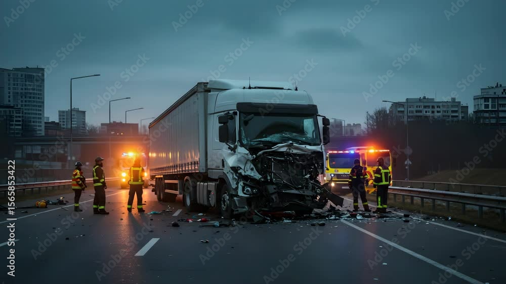 Damaged white truck after a highway accident with emergency responders ...