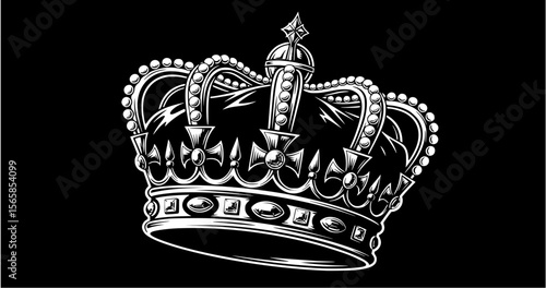 Detailed grayscale illustration of a regal crown on a black background.