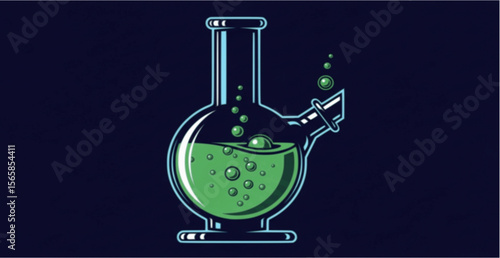 Illustration of a bong with green liquid and bubbles, against a dark blue background.