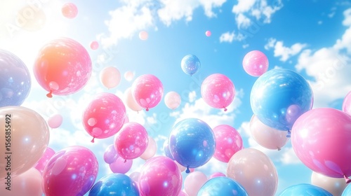 Colorful balloons float in a bright sky