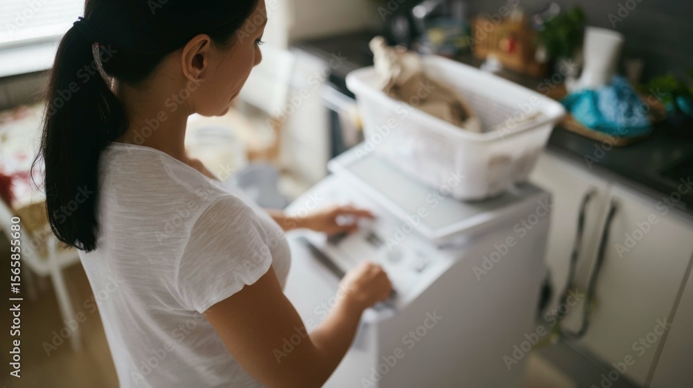 Obraz premium Woman Using Washing Machine with Cat Nearby