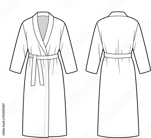 Bathrobe front and back technical sketch, belted wrap robe, fashion cad drawing, long sleeve sleepwear, vector flat garment template
