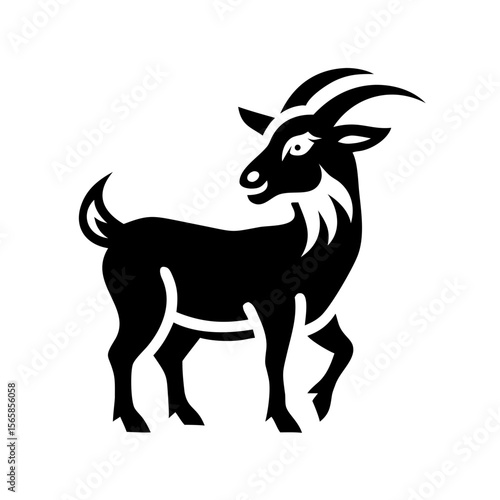 Silhouette of a goat with curved horns on white background