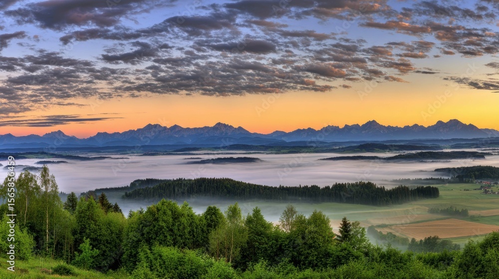Fototapeta premium Scenic Landscape with Mountains and Forest at Dawn