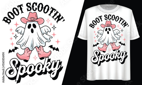 Boot Scootin’ Spooky Ghost Cowboy Halloween, T-Shirt Design.