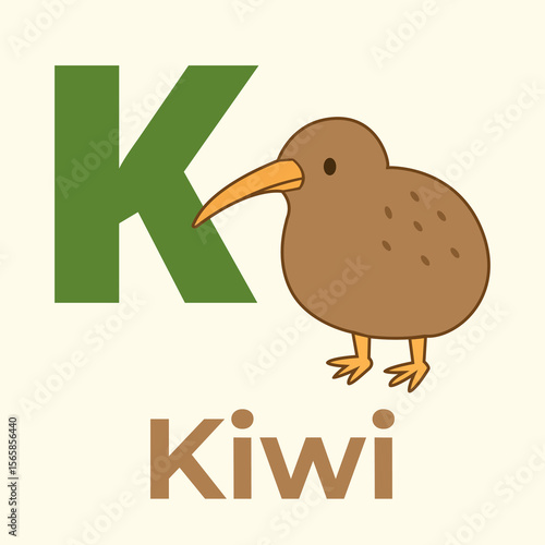Cartoon-style kiwi bird with the letter K in an educational alphabet design. Perfect for preschool learning, wildlife books, or animal-themed teaching materials.