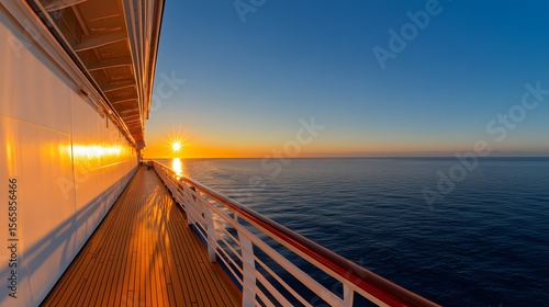 Cruise ship deck overlooking the ocean at sunset with a clear sky.