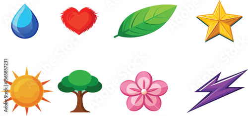 blue water droplet, red heart shape, green leaf,  golden star.yellow sun , green bushy tree 