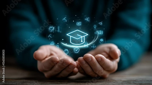 Wallpaper Mural Human Hands Presenting Glowing Education Icons with Graduation Cap and Academic Symbols on a Dark Wooden Table Under Soft Lighting Torontodigital.ca