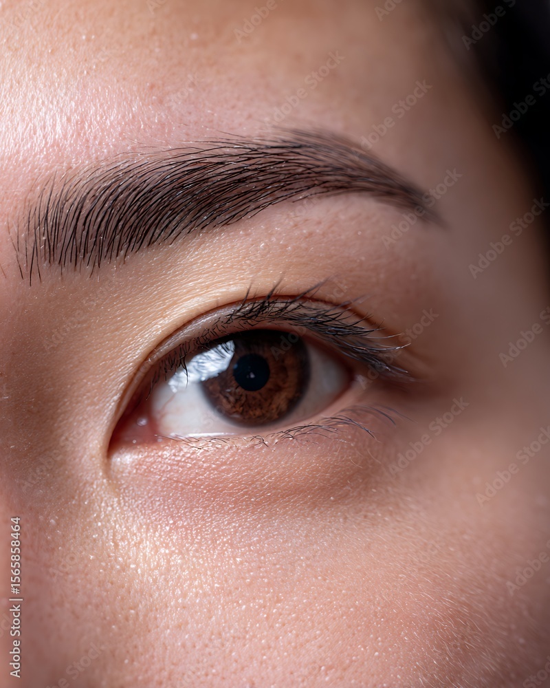 Fototapeta premium Eyebrows recovering after microblading, showing details of tattoo, brow line, skin texture and fading of color. Natural or warm white light, plain background suitable for clinic.