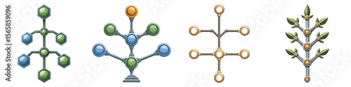 Skill tree icons with colorful nodes and branches, representing upgrade paths and progression in game interface