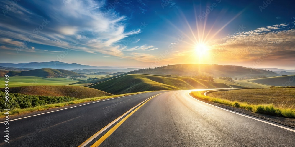 Naklejka premium Asphalt road curves gently through a sun-drenched landscape of rolling hills and vibrant green fields at sunset.