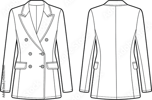 Double-breasted women's blazer front and back flat sketch, tailored jacket fashion cad drawing, coat vector illustration, technical design outline