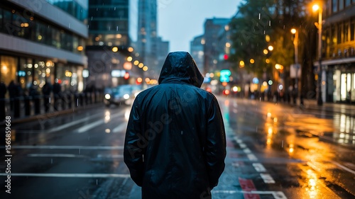 Fototapeta Naklejka Na Ścianę i Meble -  Lonely hooded person walking in rainy city street at night

