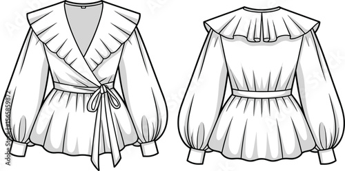 Fashion blouse technical flat sketch with ruffle collar, long puff sleeve, waist tie belt, peplum hem, back yoke detailing