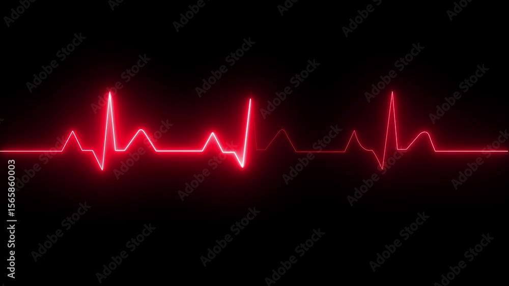 ECG monitor beating heart with a neon electrocardiogram overlay, featuring dynamic HUD elements and a gradient background.Abstract neon heartbeat signal icon animation background on black back ground