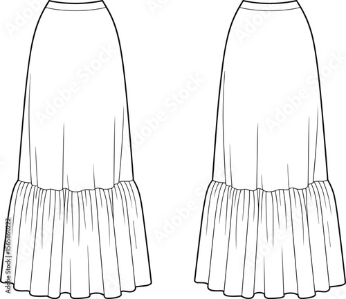 Fashion flat sketch of gathered tiered midi skirt, front and back view, technical garment design, vector outline CAD illustration