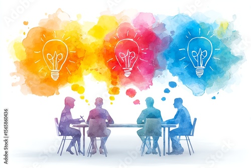 business team brainstorming at round table, abstract watercolor painting style, soft gradients and ink splashes, floating idea light bulbs above heads,