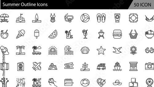Summer Outline Icons. Vacation, Beach, Travel and Tropical Elements. Outline Icon collection. Vector illustration.