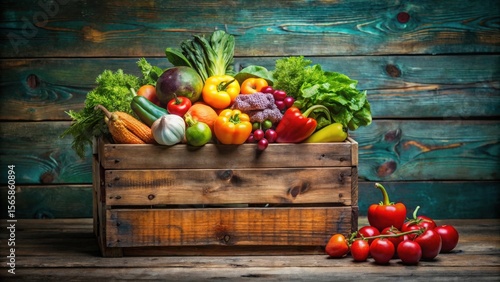 A rustic wooden crate overflowing with a vibrant harvest of fresh, colorful vegetables